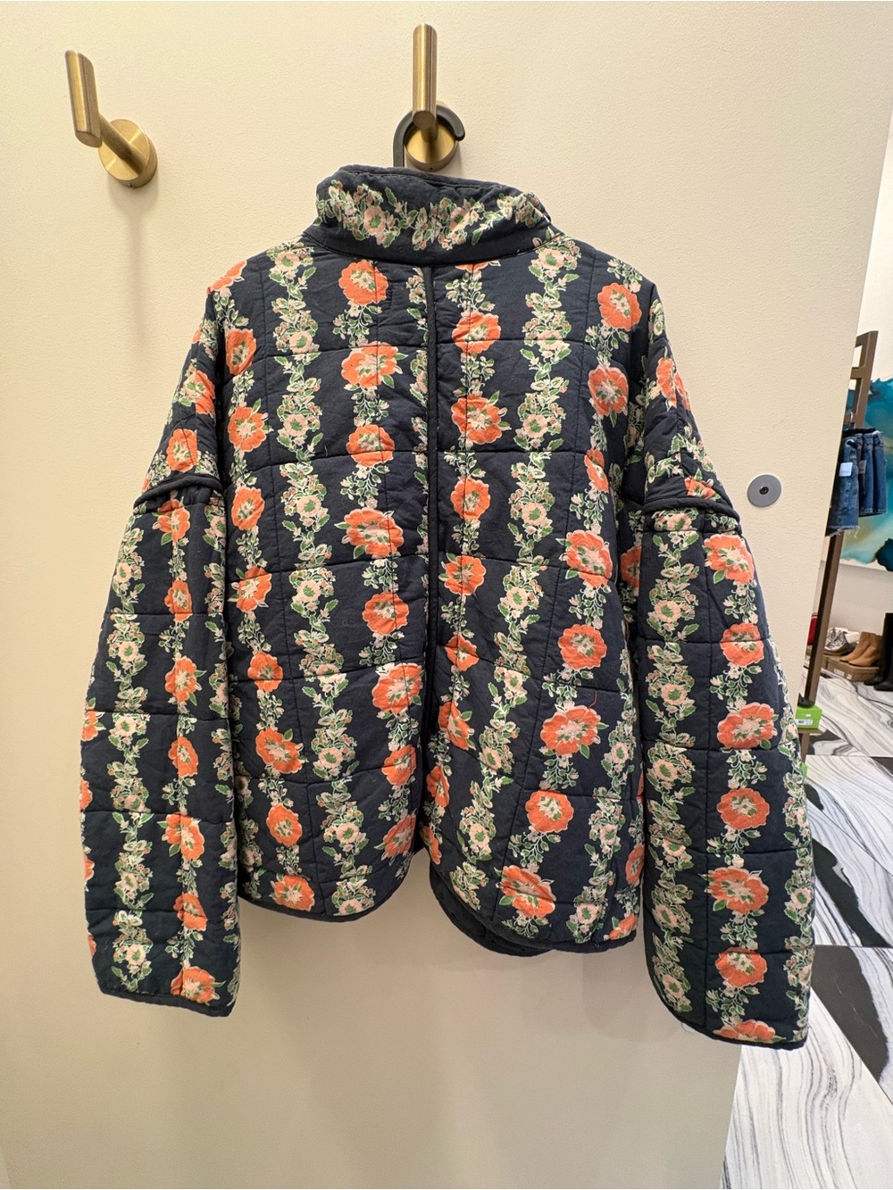 Free People Navy Quilted Floral Puffer with Coral Flowers - Picture 2 of 2